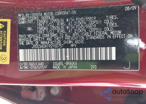 2009 Toyota Highlander Limited from USA, damaged, VIN JTEES42A192150757